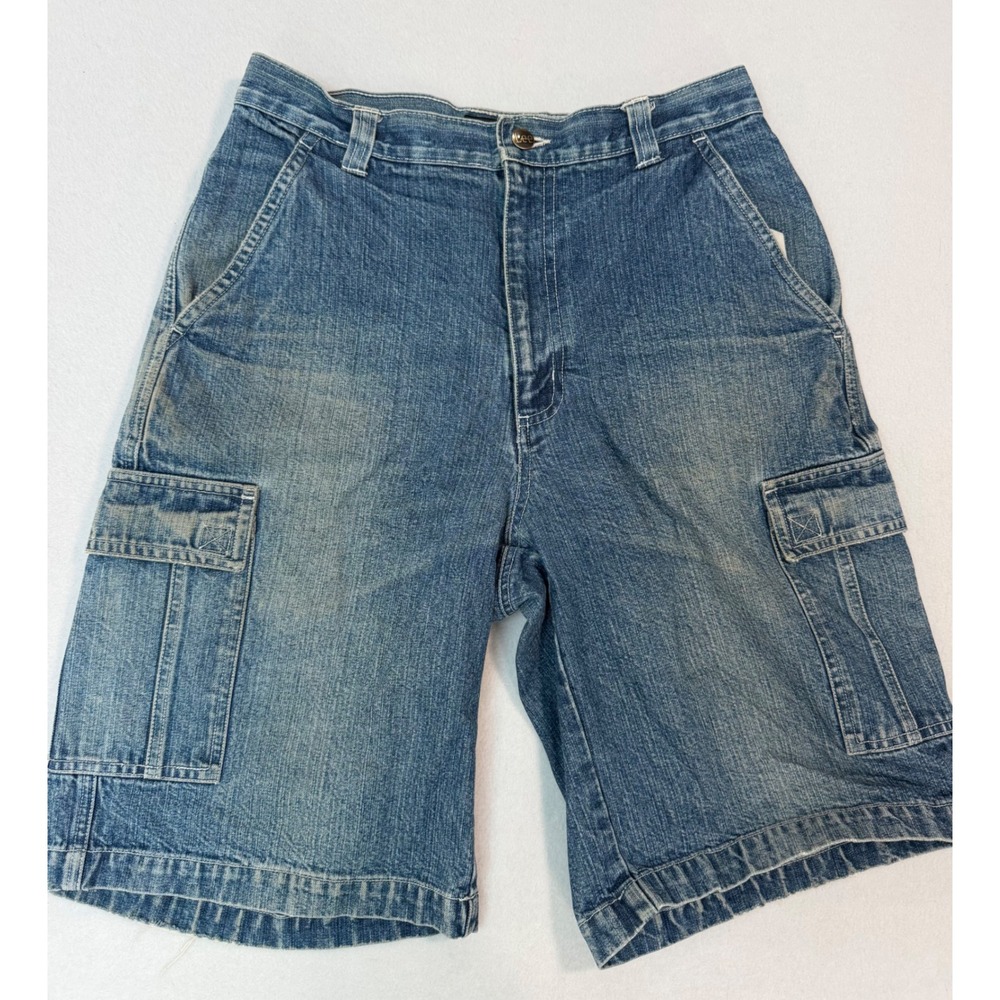 Leesures by Lee Mens Blue Denim Cargo Shorts Medium Wash 28 Waist Vintage Style